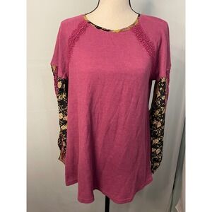 Soft‎ Surroundings Pink Waffle Knit Floral Sleeve Patchwork Shirt Top Womens M